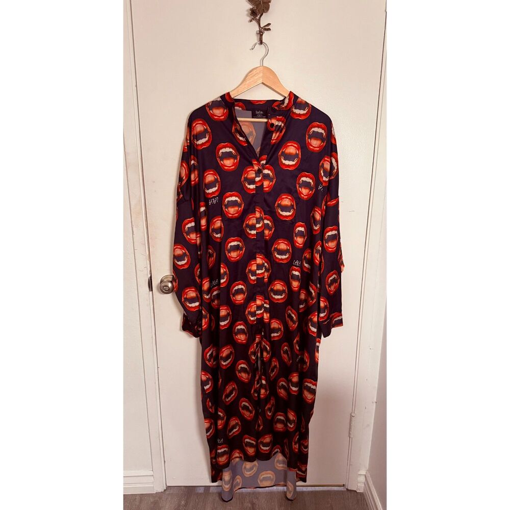 Dressed in Lala Black Red Lips Print Oversized Button Down Maxi Dress Duster SM